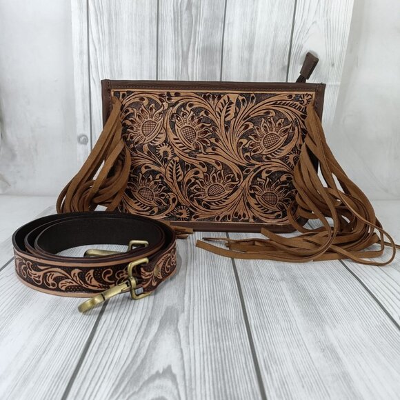 Western Leather Bag – Tooled Cowhide Crossbody, Shoulder Tote Purse with Fringes - Picture 6 of 10